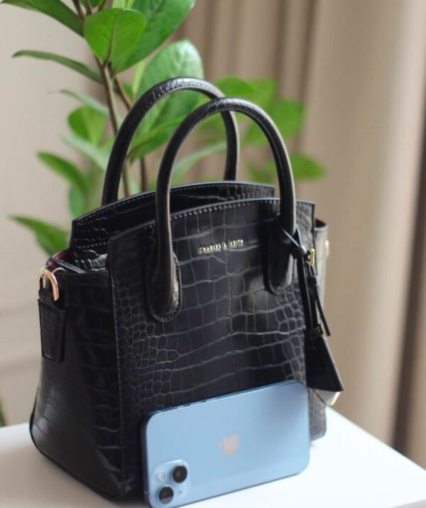 Harper Croc-Effect Structured Top Handle Bag - Black - Image 2