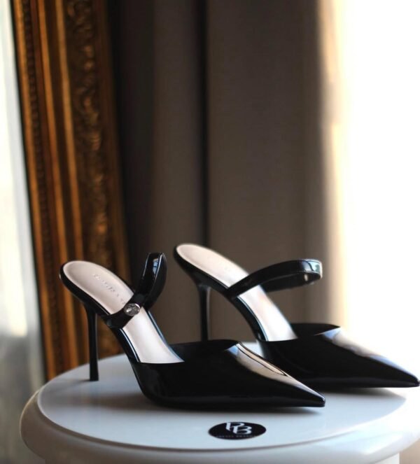 Charles and Keith - Patent Crystal-Accent Stiletto-Heel Mules - Black Patent