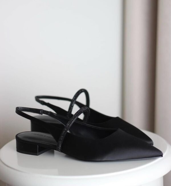 Charles and Keith - Satin Crystal-Strap Pointed-Toe Slingback Flats - Black Textured - Image 3