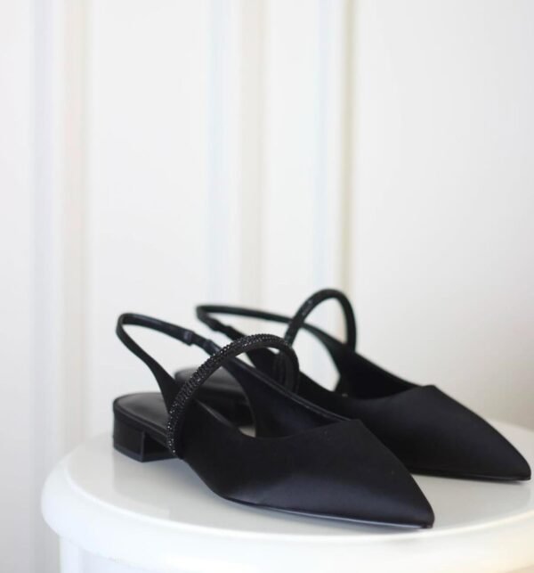 Charles and Keith - Satin Crystal-Strap Pointed-Toe Slingback Flats - Black Textured