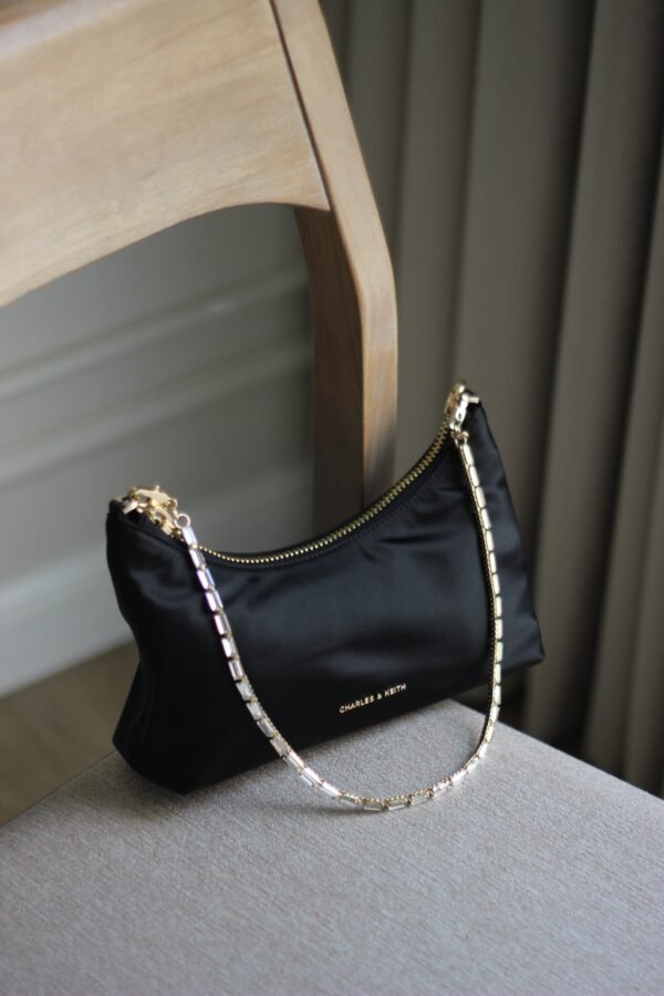 Charles & keith -Satin Crystal-Embellished Chain-Handle Two-Way Bag - Black - Image 2