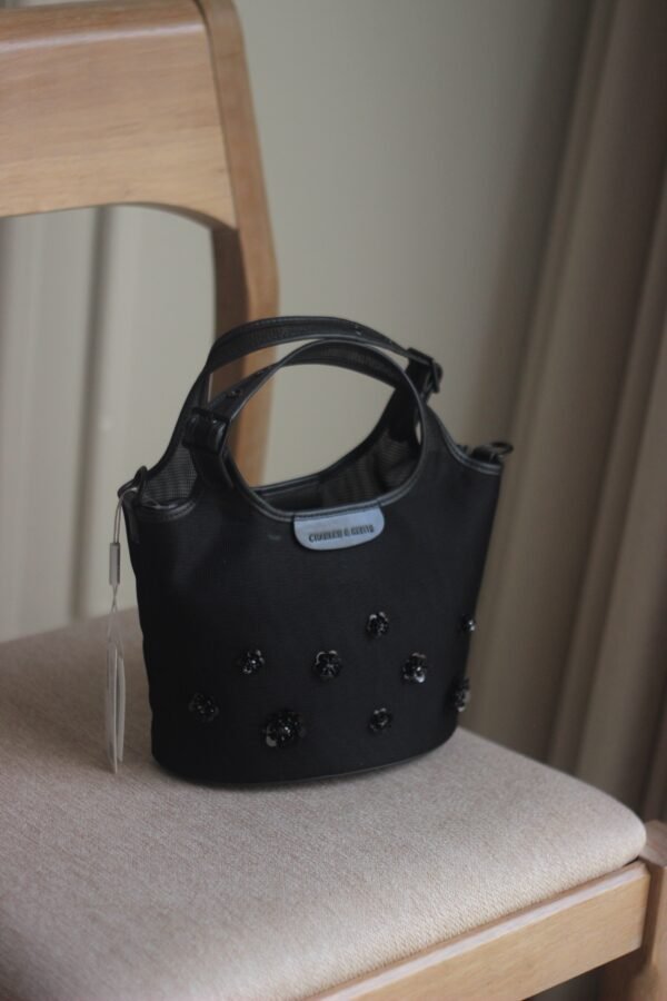 Mesh Sequin-Flower Tote Bag - Jet Black - Image 3