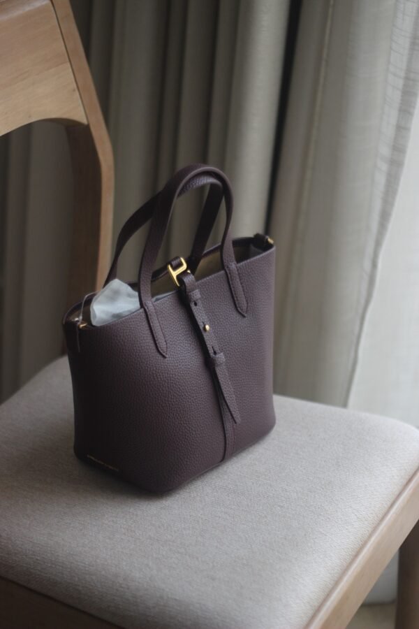 Beryl Recycled Leather Double-Handle Belted Bucket Bag - Wineberry Red - Image 3