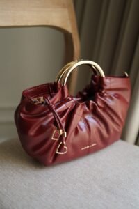 Ciara Ruched Metal Top Handle Bag - Burgundy