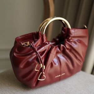 Ciara Ruched Metal Top Handle Bag - Burgundy