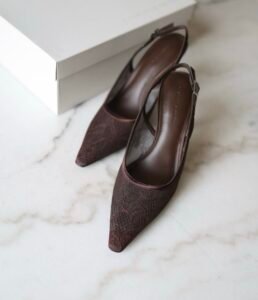 Lace & Satin Slingback Pumps - Dark Brown Textured