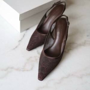 Lace & Satin Slingback Pumps - Dark Brown Textured