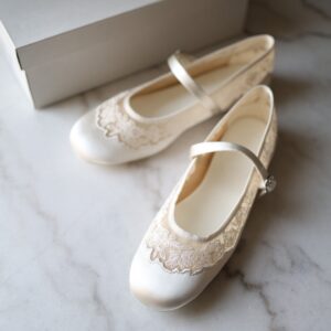 Satin Embroidered-Mesh Mary Jane Flats - White
